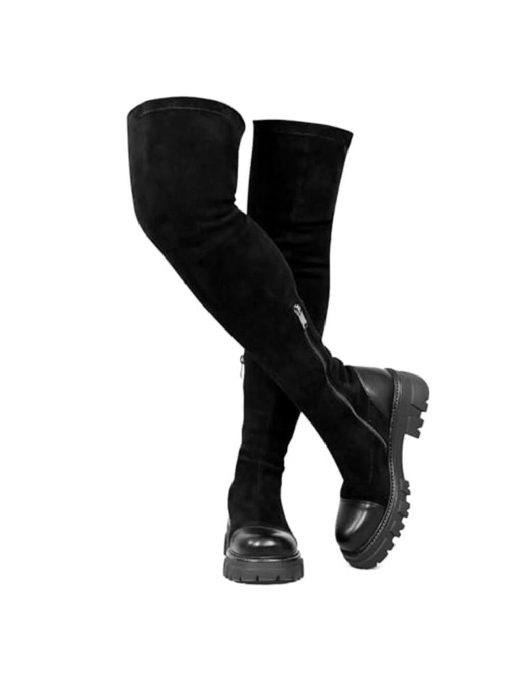 Women's Black Thigh High Boots Platform Over The Knee High Boots Lug Sole